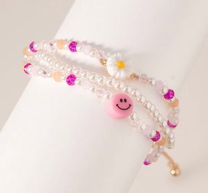 Pink Smiley Flower Bracelet Set