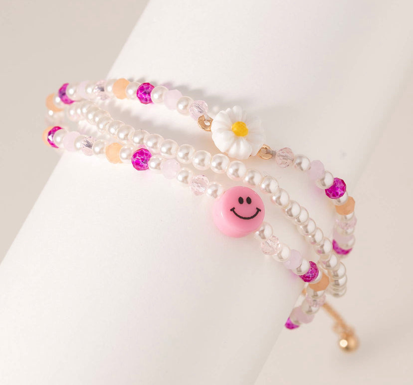 Pink Smiley Flower Bracelet Set
